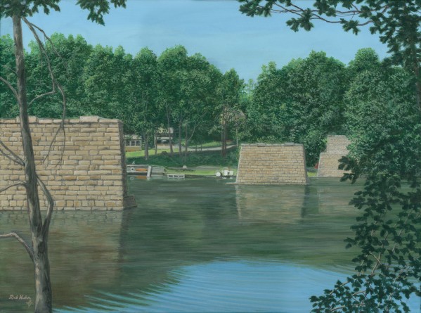 Stone Piers Housatonic River - Newtown Scenes 18 X 24  by Rick Kuhn